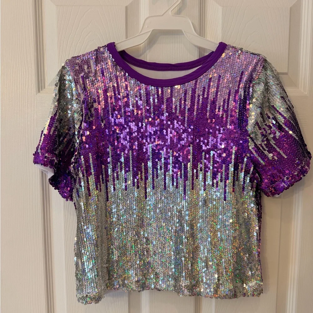 Purple and Silver Sequin Dance Top - Picture 1 of 7